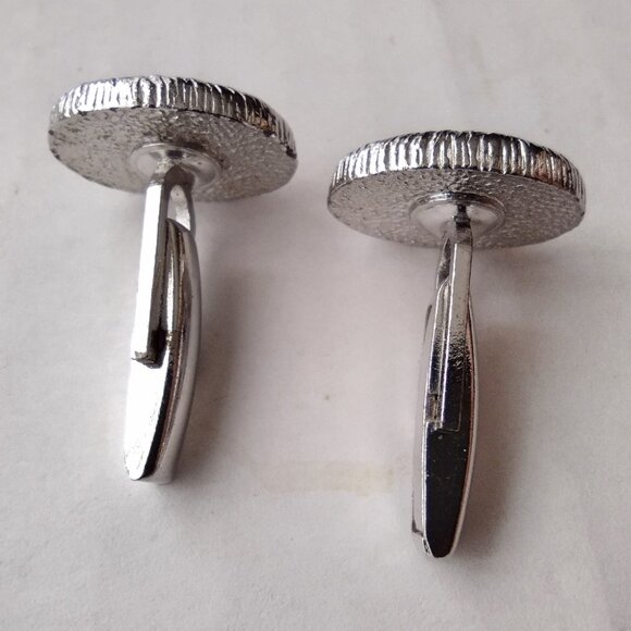 Vintage Cuff Links Black Circle Inset Silvertone Diamond Shape Inset - Picture 2 of 8